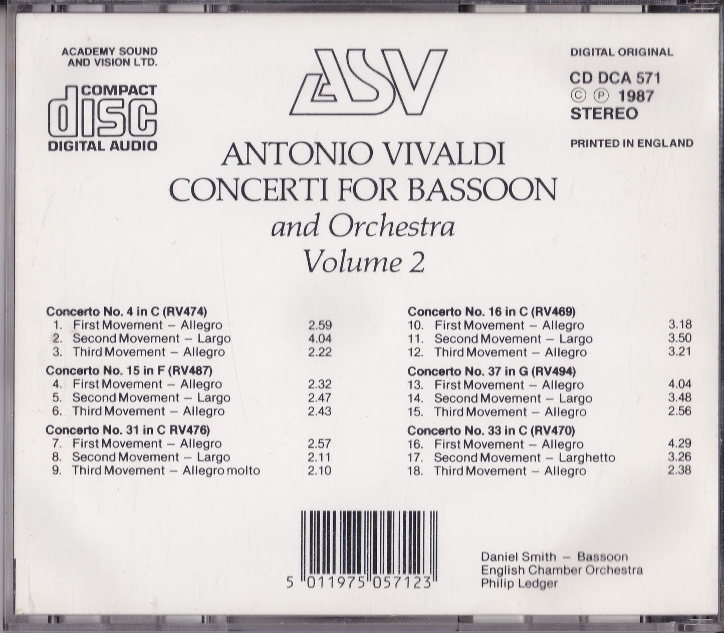 Vivaldi - Concerti for Bassoon and Orchestra Volume 2 (1987) CD album