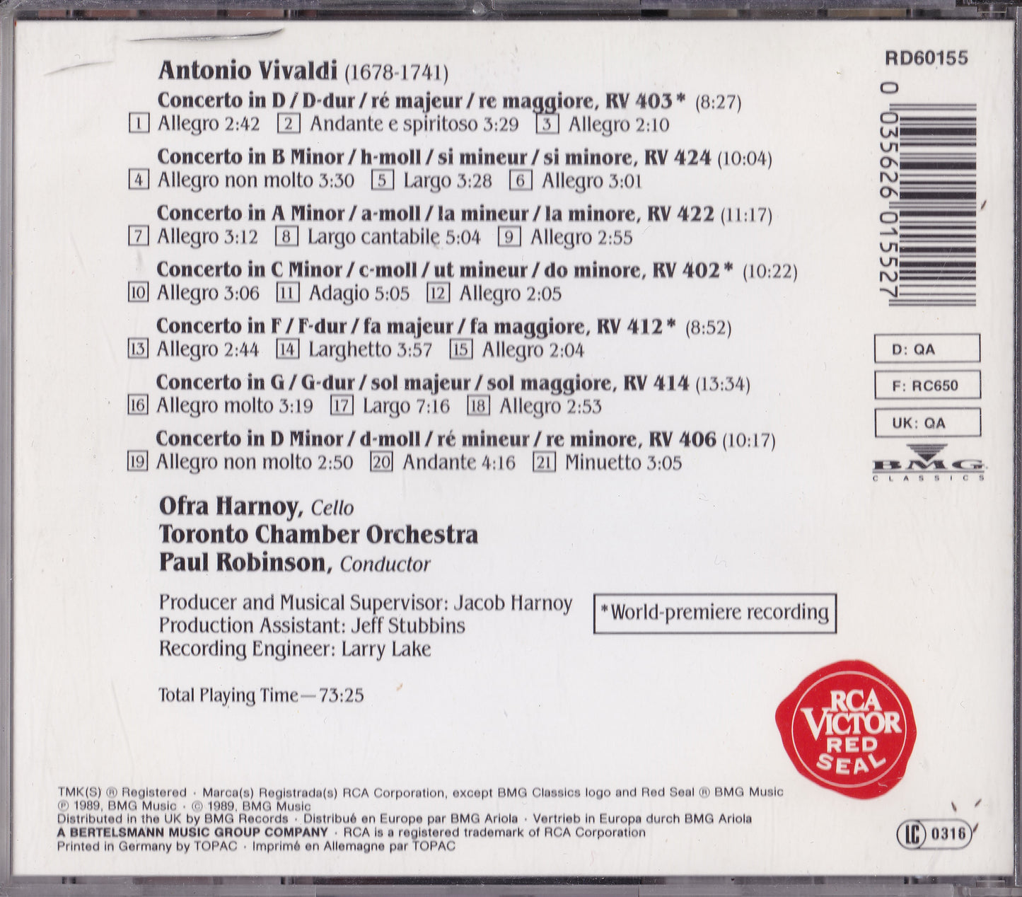 Ofra Harnoy - Vivaldi Cello Concertos, Vol. 2 (1989) CD album