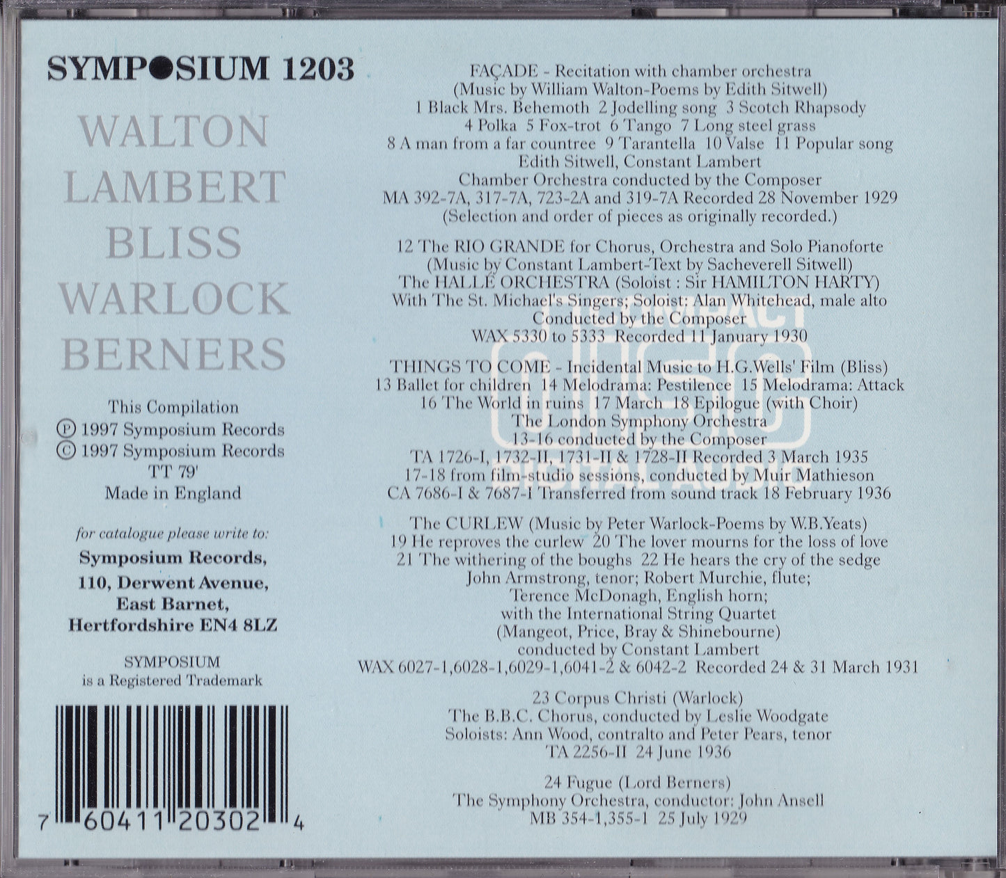 Walton, Lambert, Bliss, Warlock, Berners (1997) CD album