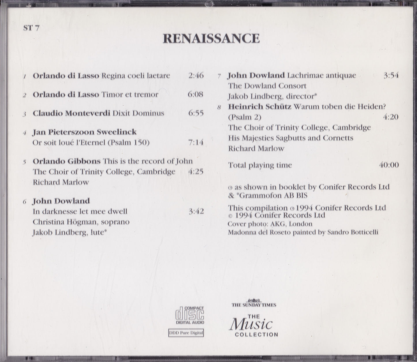 Various – The Sunday Times Music Collection - Renaissance (1994) CD album