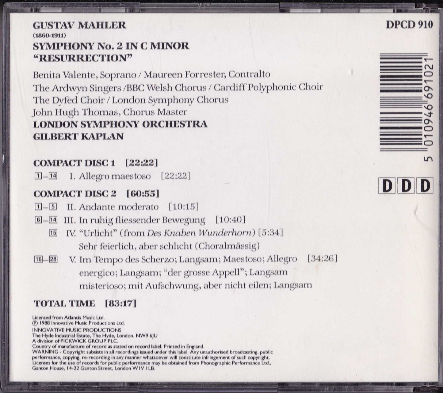 Mahler - Symphony No. 2 "Resurrection" (1988) 2 x CD album