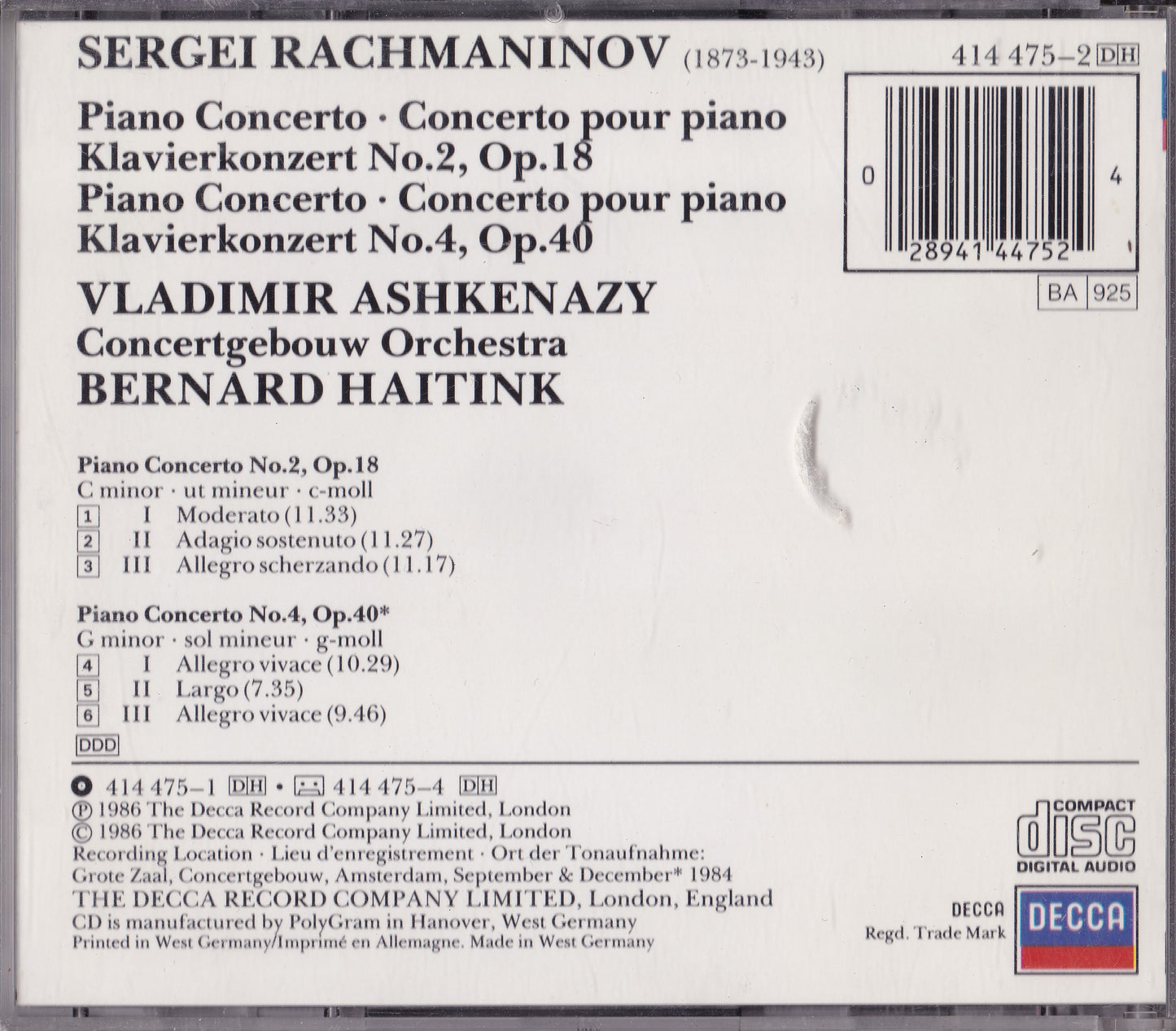 Rachmaninov - Piano Concertos · Klavierkonzerte 2 & 4 (1986) CD album