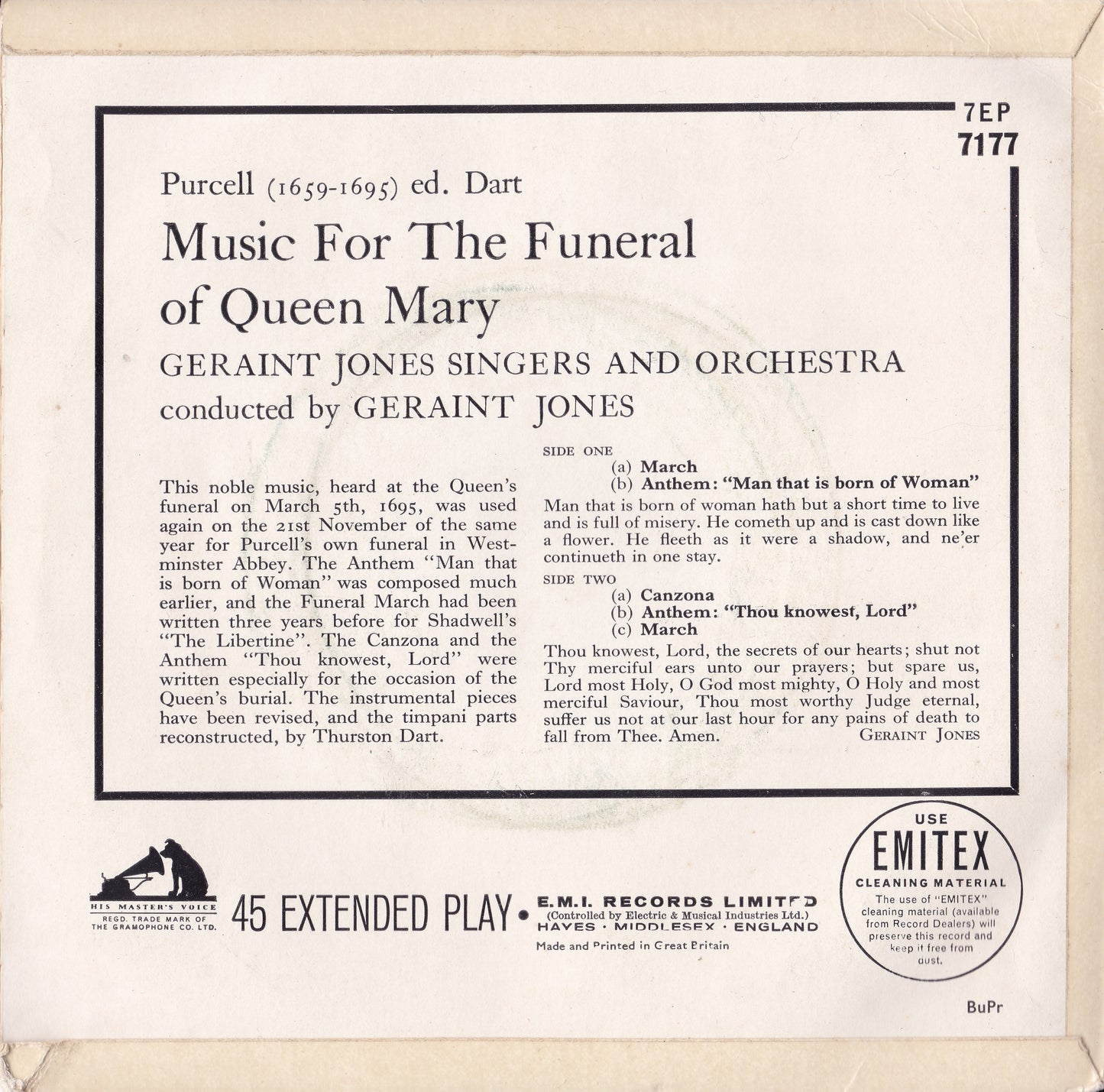 Purcell - Music For The Funeral Of Queen Mary (HMV) 7" vinyl EP VG/VG