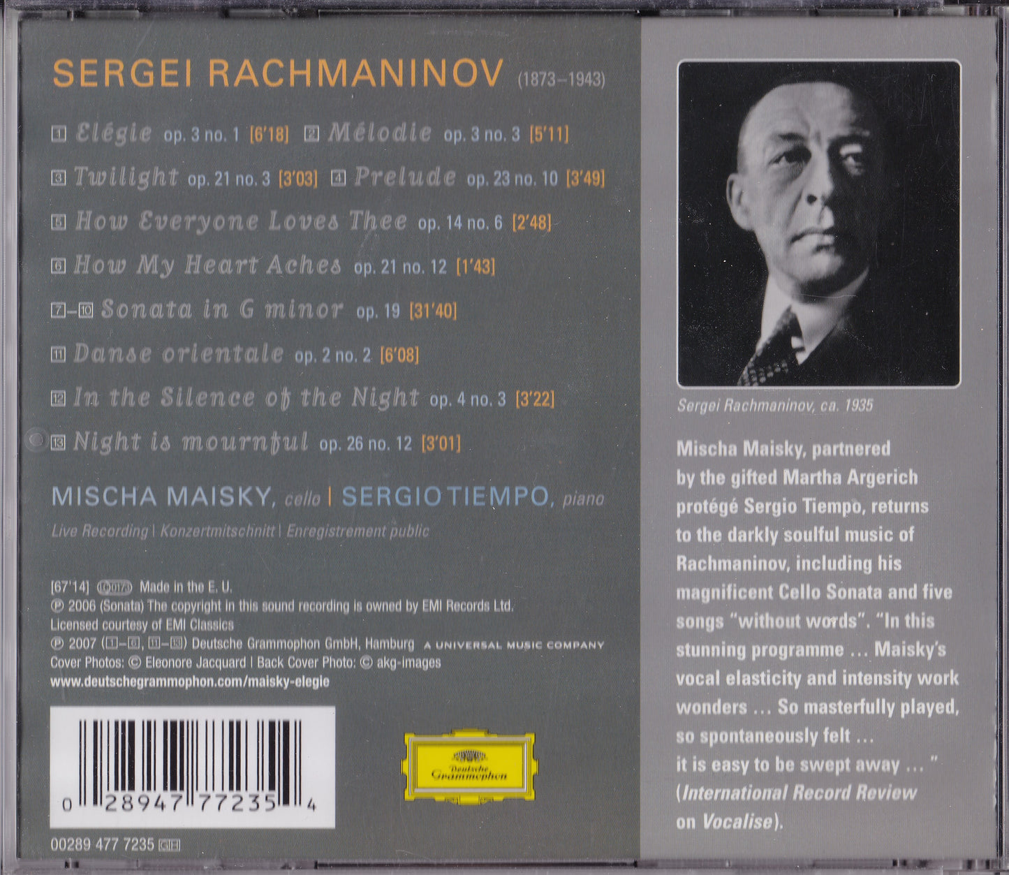 Rachmaninov, Mischa Maisky, Sergio Tiempo – Elégie (2007) CD album