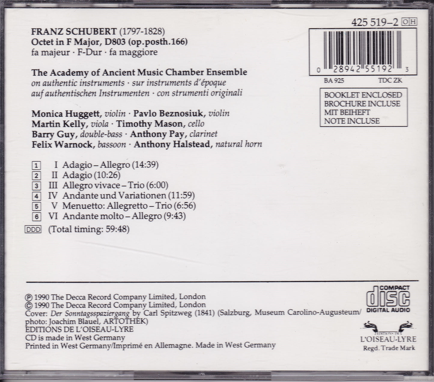 Franz Schubert - Octet D 803 (1990) CD album