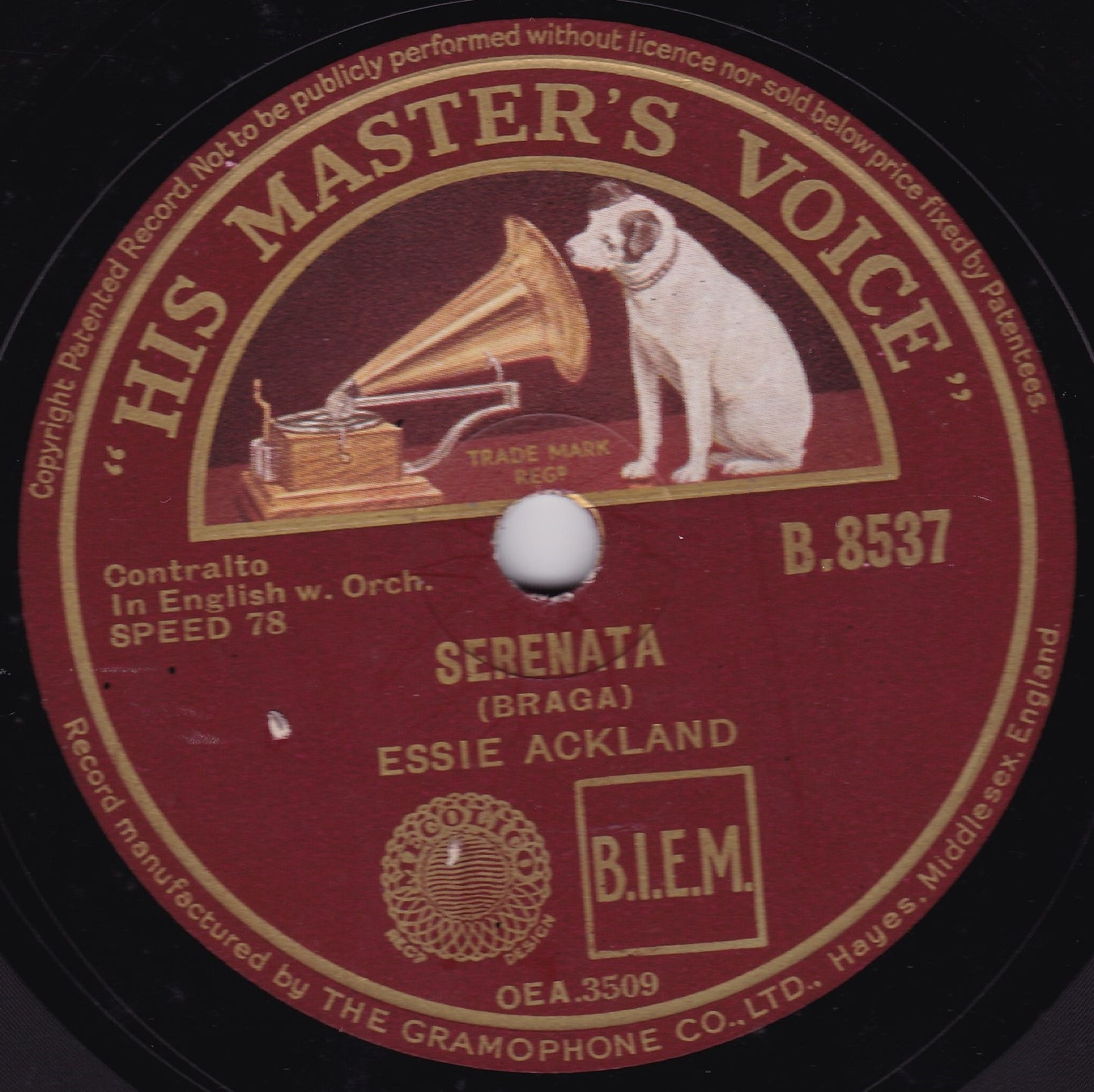 Essie Ackland – O Peaceful England / Serenata (HMV) 10" shellac VG/-