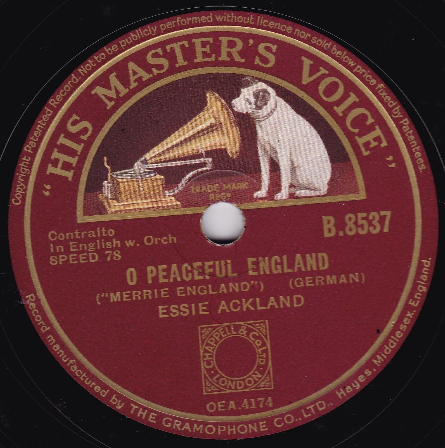 Essie Ackland – O Peaceful England / Serenata (HMV) 10" shellac VG/-