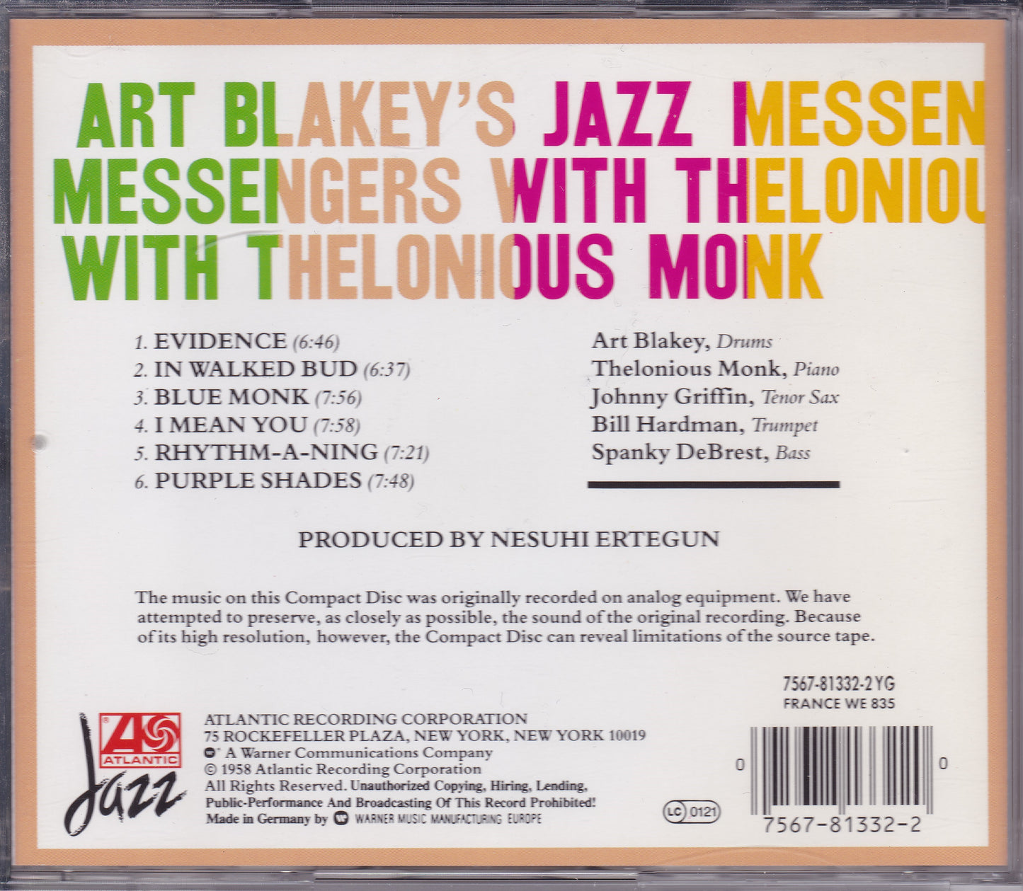 Art Blakey's Jazz Messengers With Thelonious Monk CD album reissue