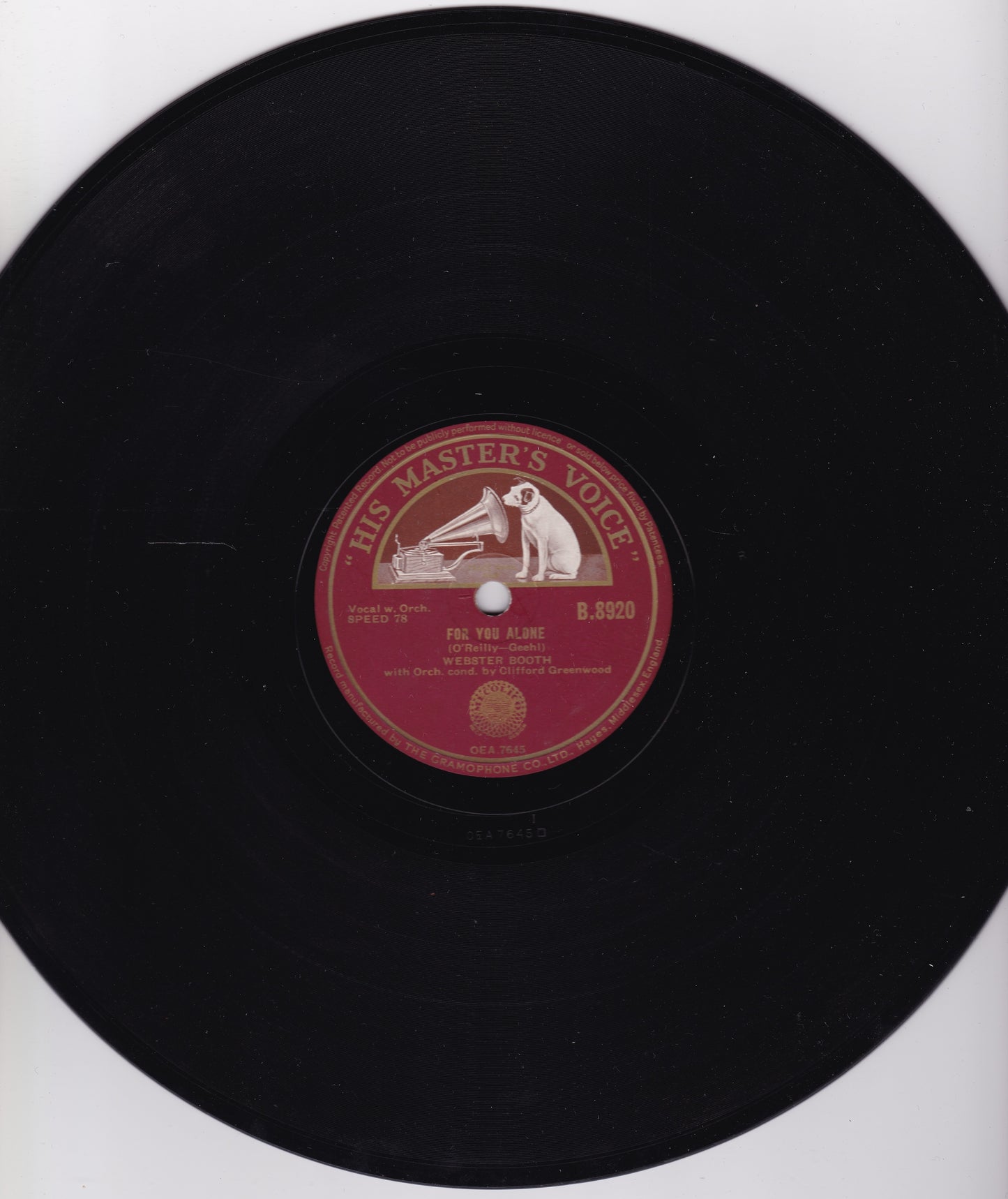 Webster Booth - Because / For You Alone (HMV 1939) 10" shellac VG/-