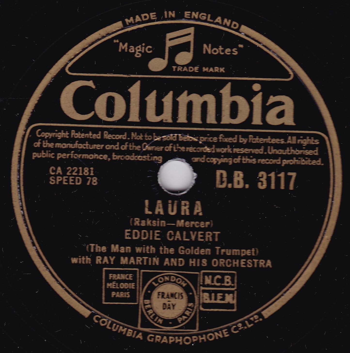 Eddie Calvert - Laura / Malaguena (Columbia) 10" shellac VG/G+