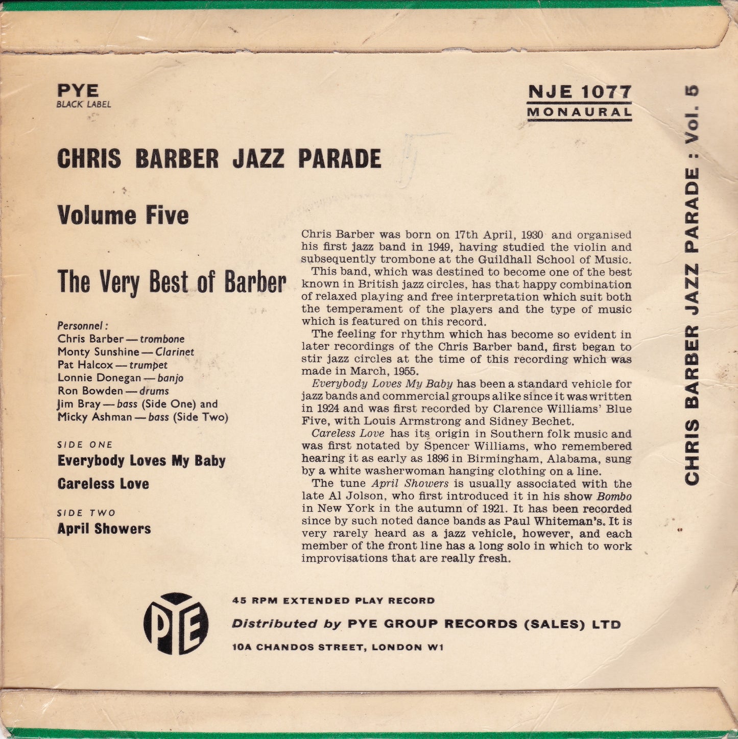 Chris Barber - Chris Barber Jazz Parade Volume Five (1959) 7" vinyl EP VG/VG