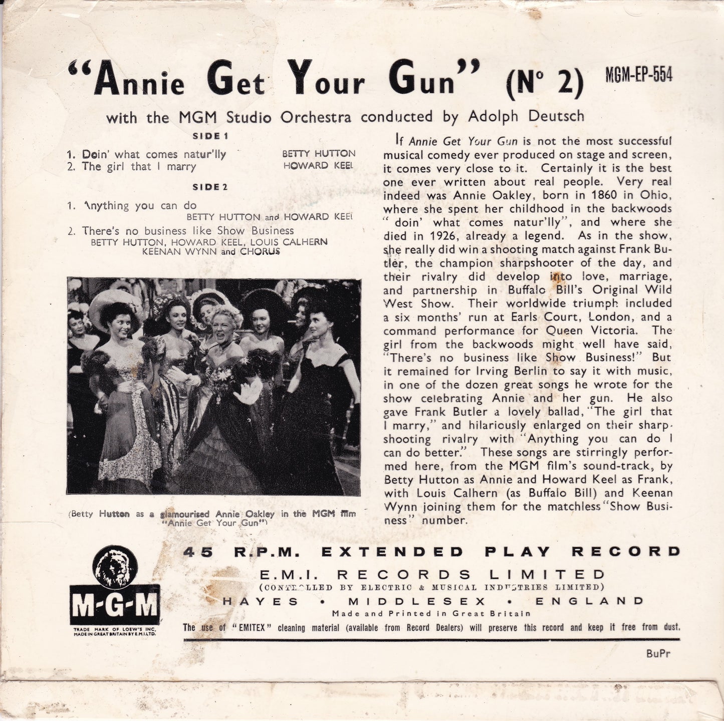 Various ‎– Annie Get Your Gun No. 2 (MGM 1956) 7" vinyl P/S EP VG/G+