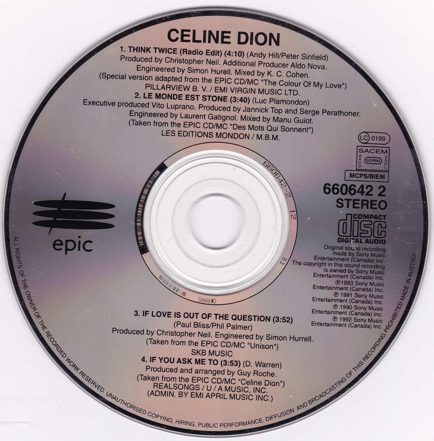 Celine Dion ‎– Think Twice (1994) CD single