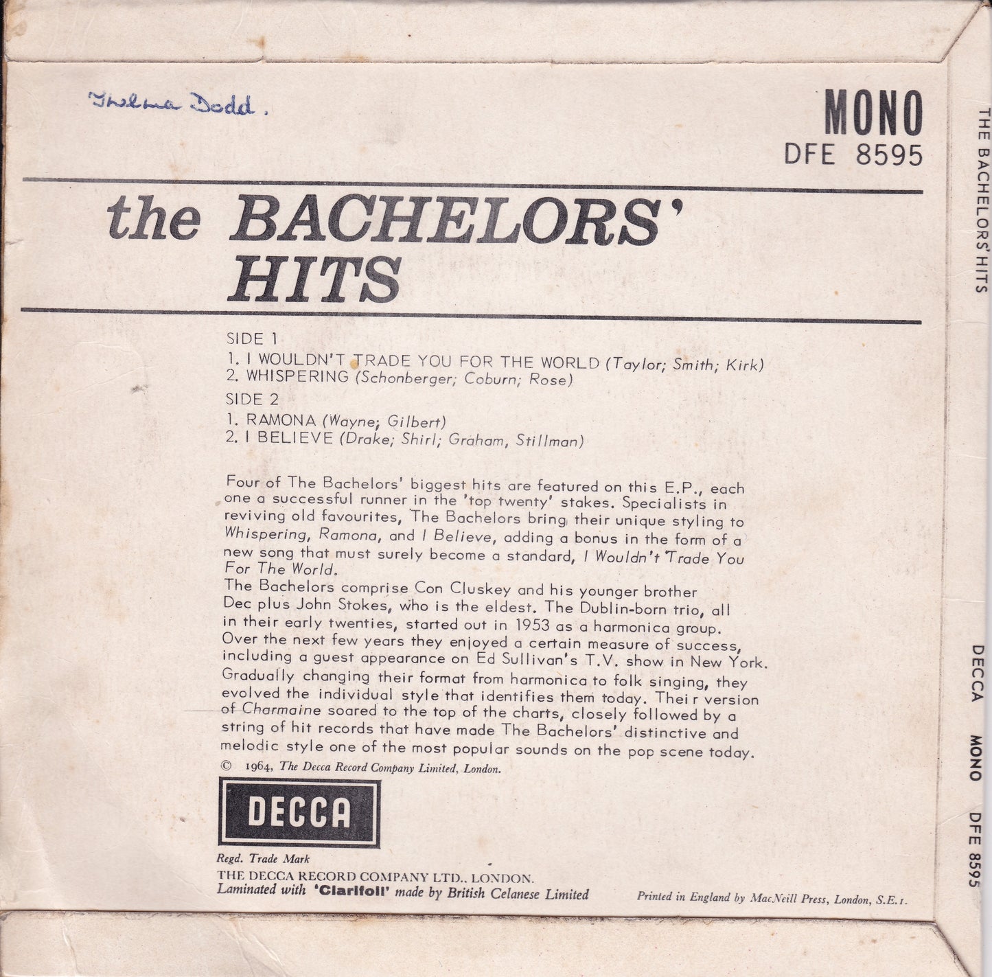 The Bachelors - The Bachelors' Hits (Decca 1964) 7" vinyl EP VG/VG