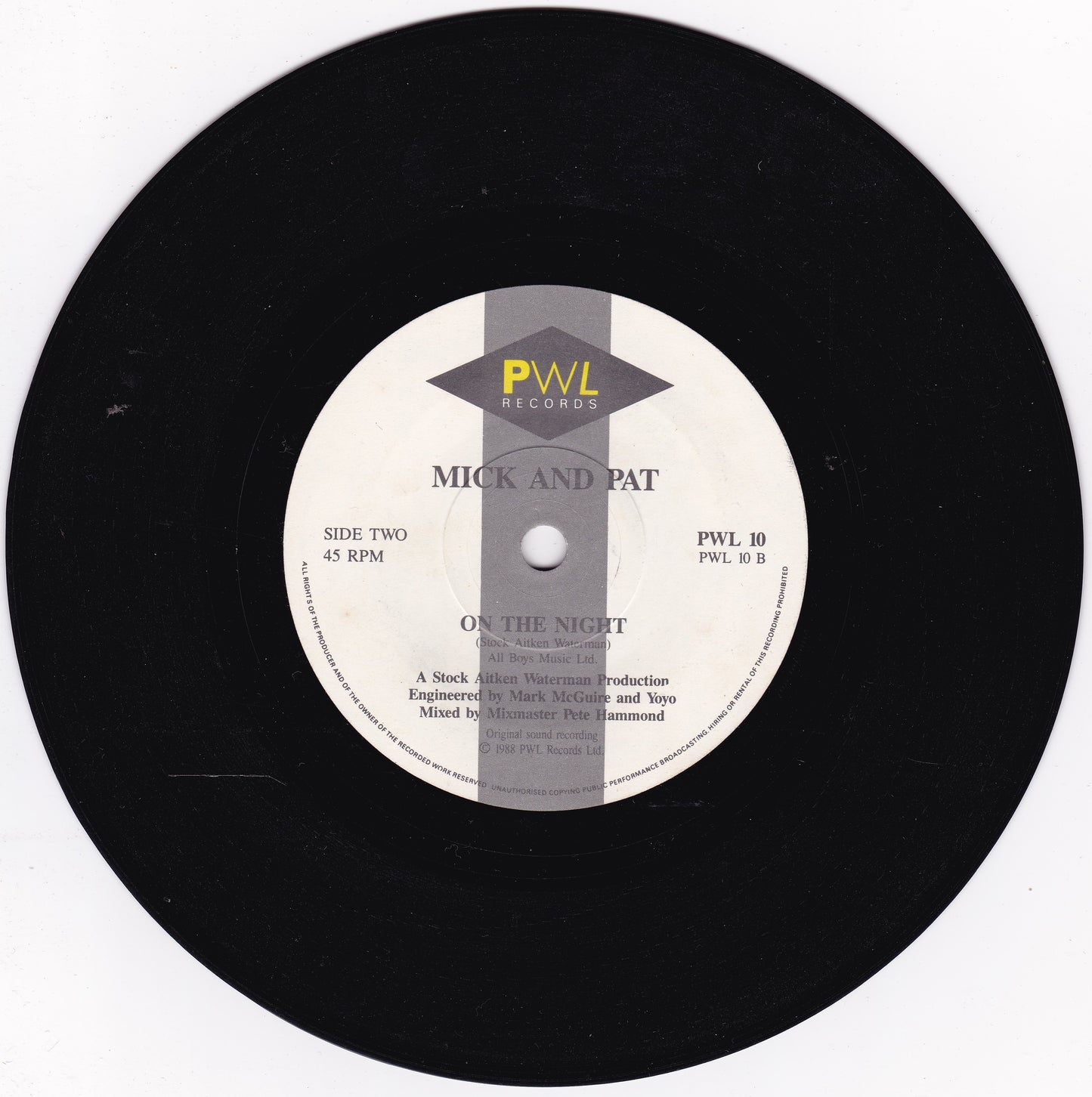 Pat & Mick – Let's All Chant (PWL, 1988) 7" vinyl single VG/-