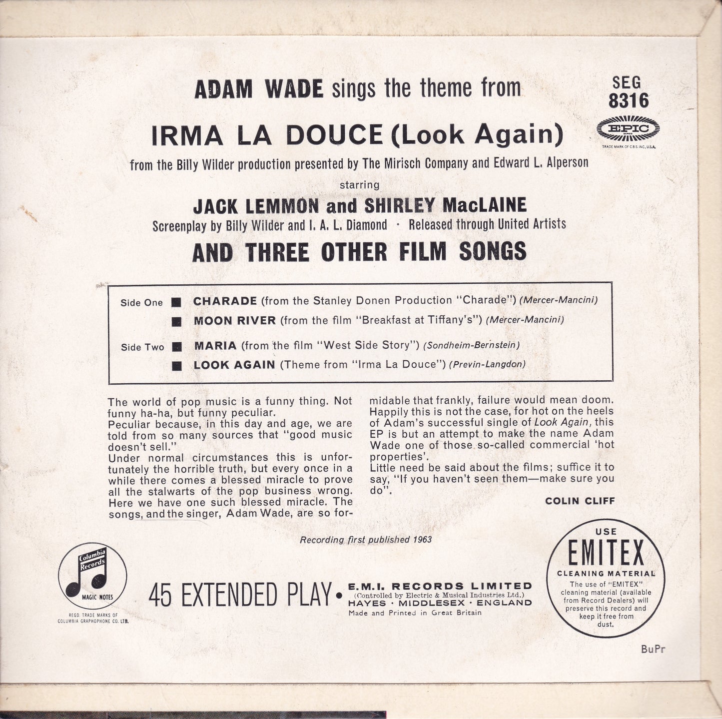 Adam Wade - Look Again Theme From Irma La Douce (1964) 7" vinyl EP VG/VG