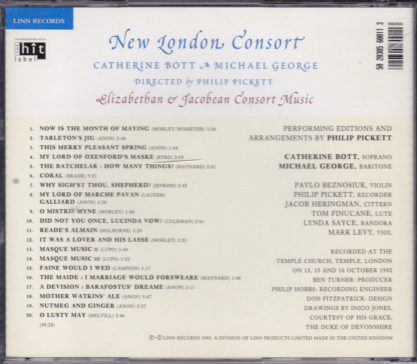 New London Consort - Elizabethan & Jacobean Consort Music (1994) CD album