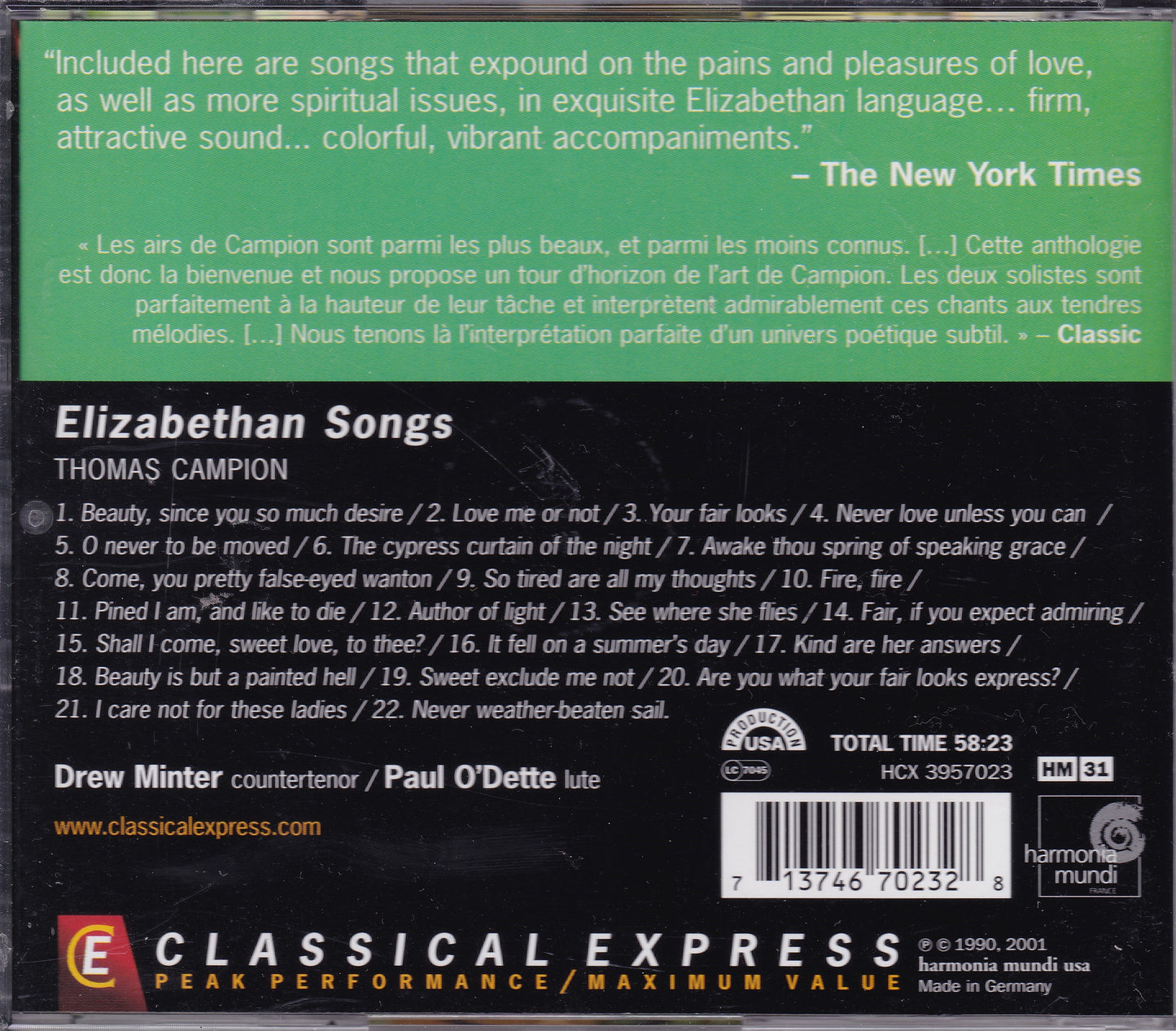 Thomas Campion, Drew Minter, Paul O'Dette ‎– Elizabethan Songs (2001) CD album