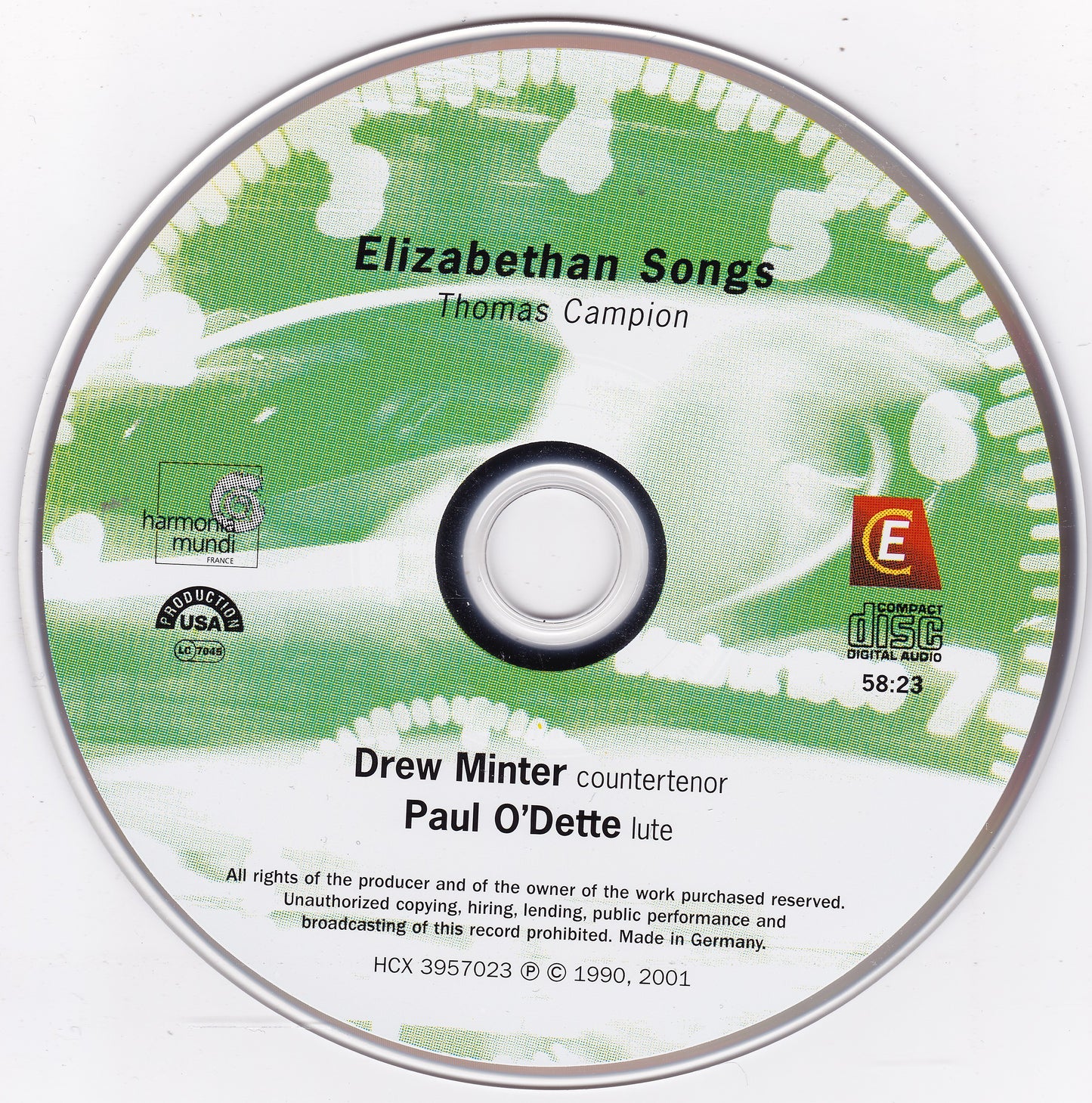 Thomas Campion, Drew Minter, Paul O'Dette ‎– Elizabethan Songs (2001) CD album