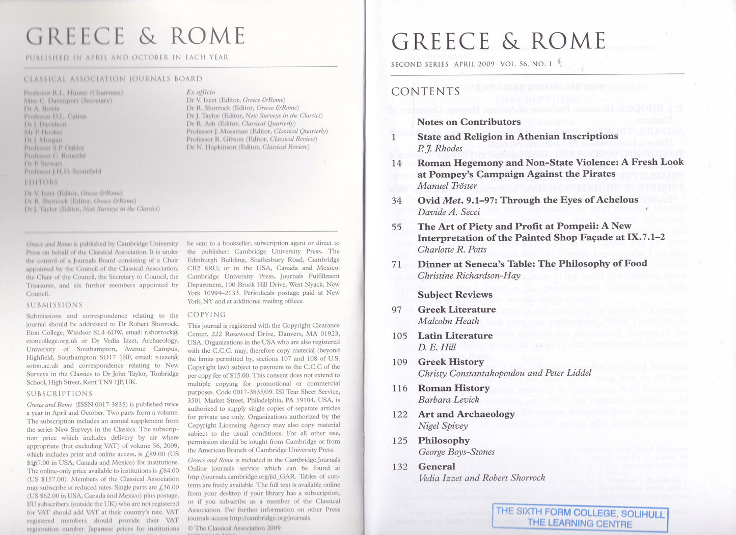 Greece & Rome - Volume 56 Number 1 (Cambridge University 2009) academic journal