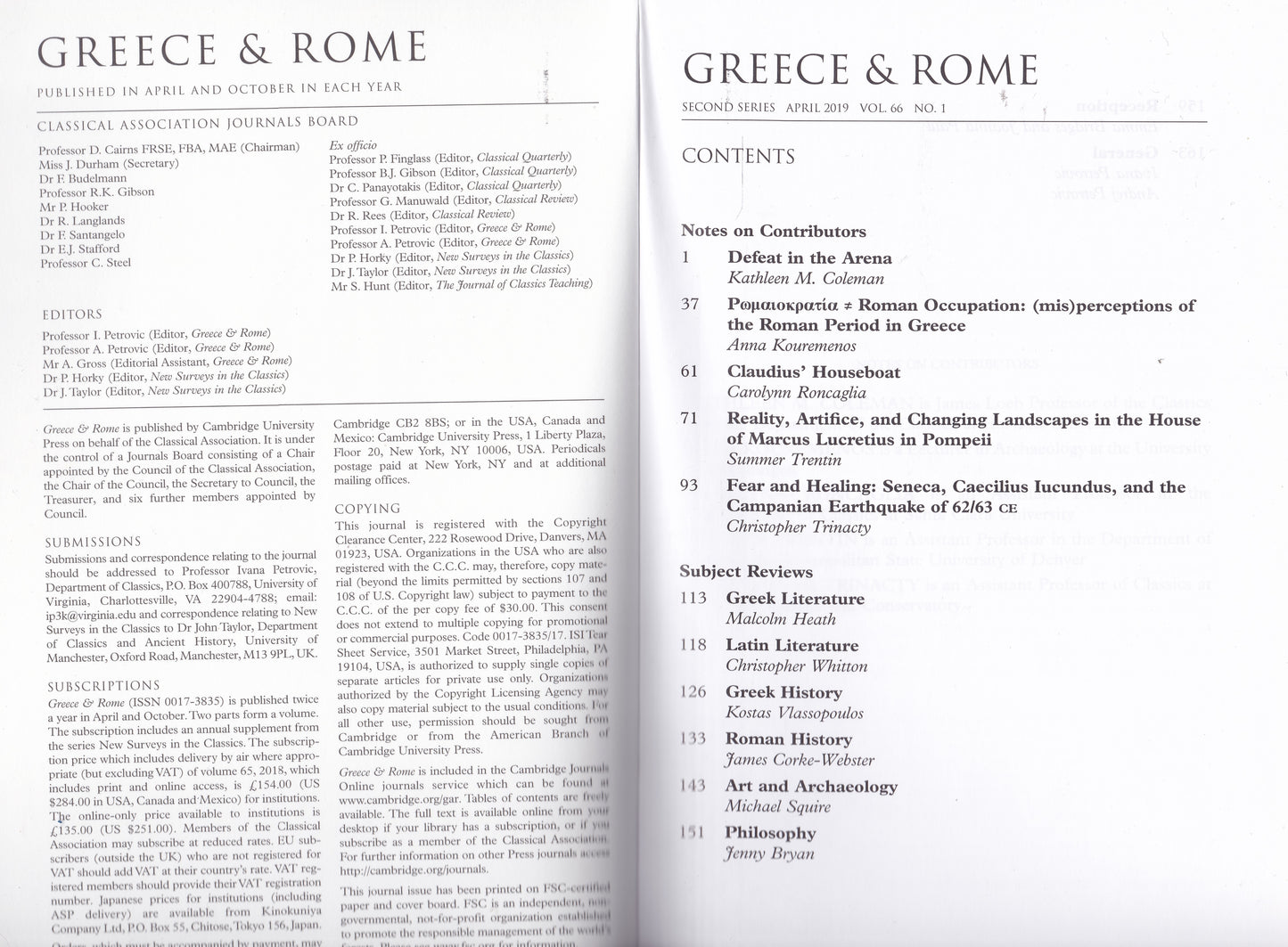 Greece & Rome - Volume 66 Number 1 (Cambridge University 2019) academic journal