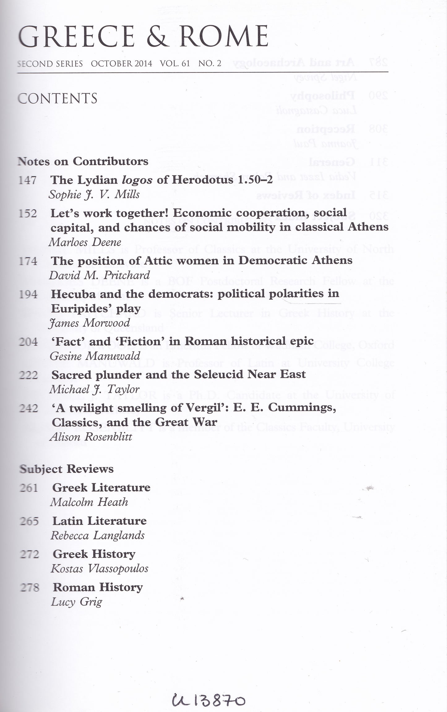 Greece & Rome - Volume 61 Number 2 (Cambridge University 2014) academic journal