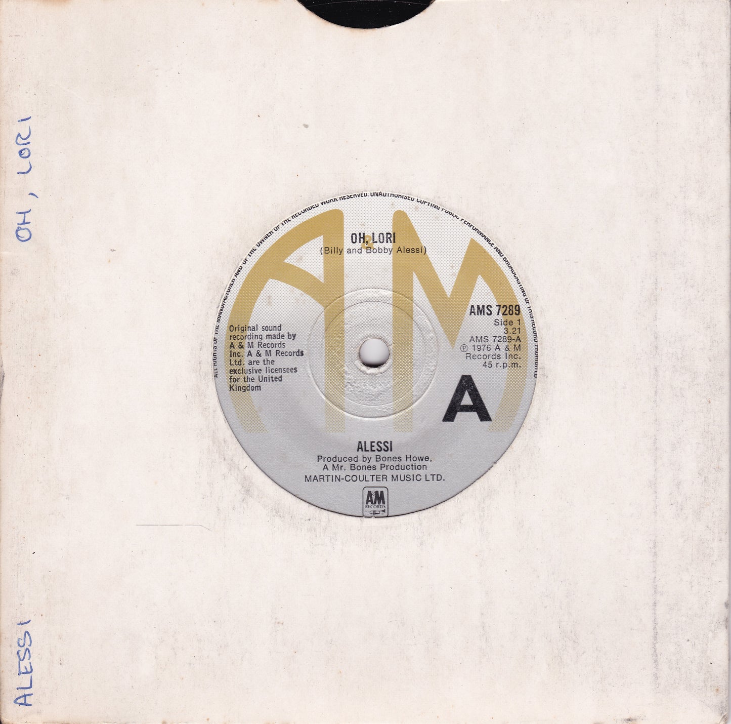 Alessi - Oh, Lori (A&M 1977) 7" vinyl single G+/-