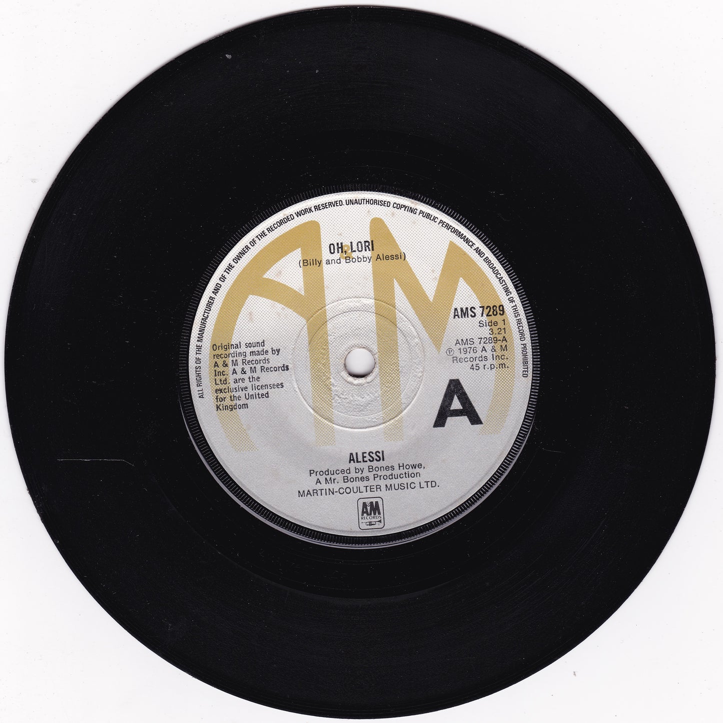 Alessi - Oh, Lori (A&M 1977) 7" vinyl single G+/-