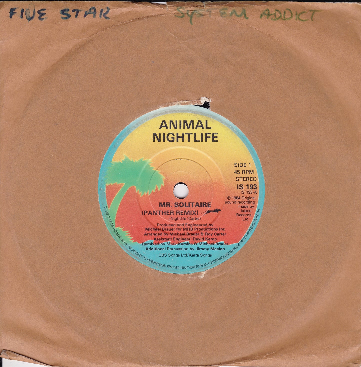 Animal Nightlife – Mr Solitaire (Island 1984) 7" vinyl single G+/-