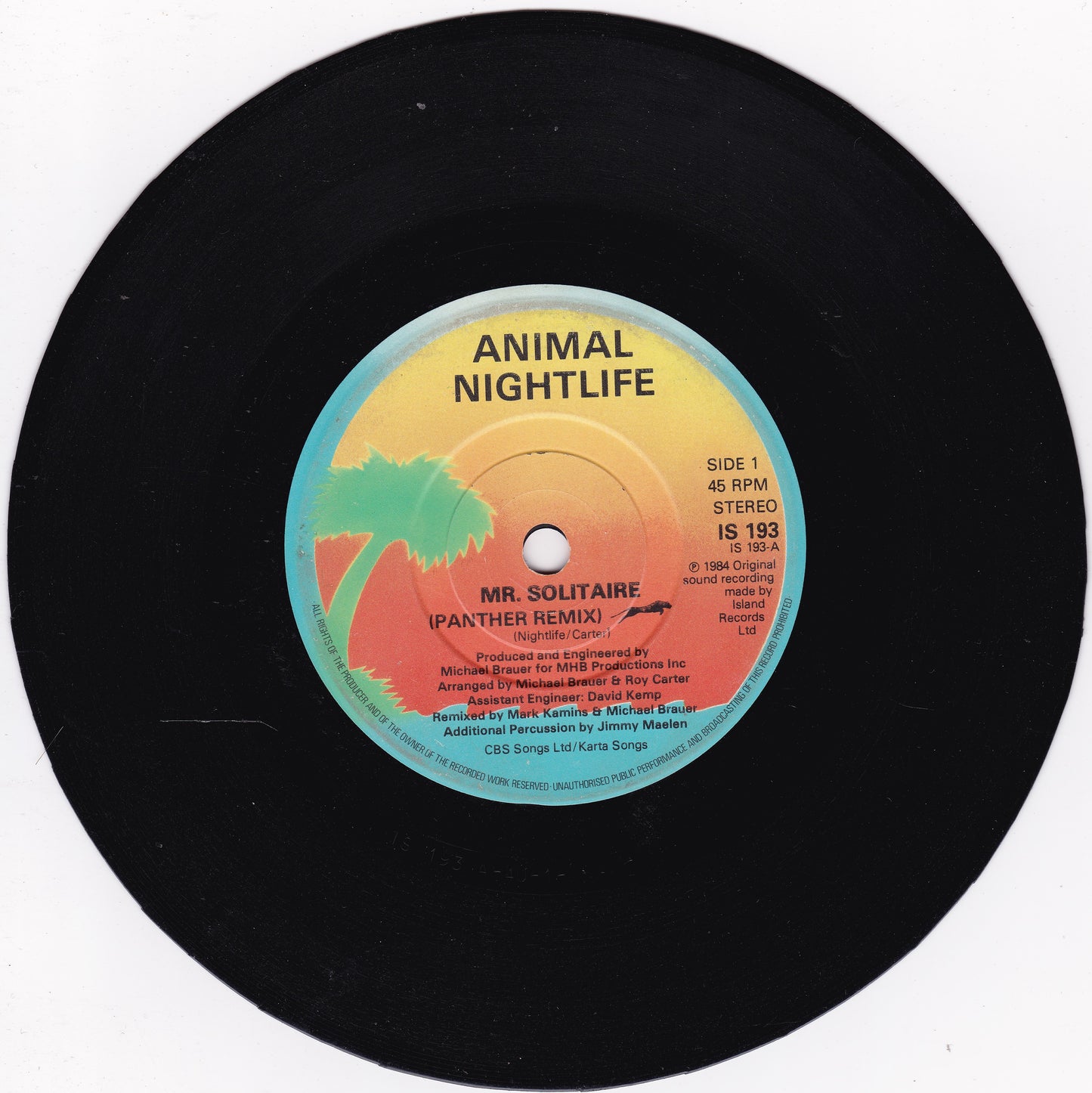 Animal Nightlife – Mr Solitaire (Island 1984) 7" vinyl single G+/-