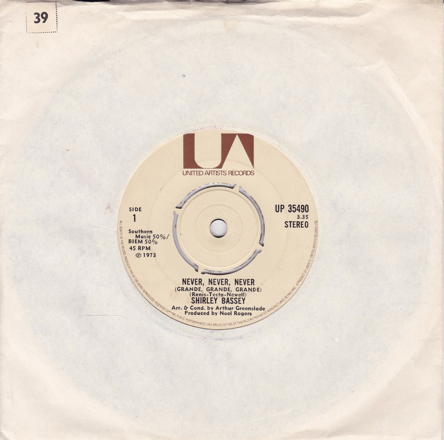 Shirley Bassey - Never, Never, Never (UA 1973) 7" vinyl single VG/-