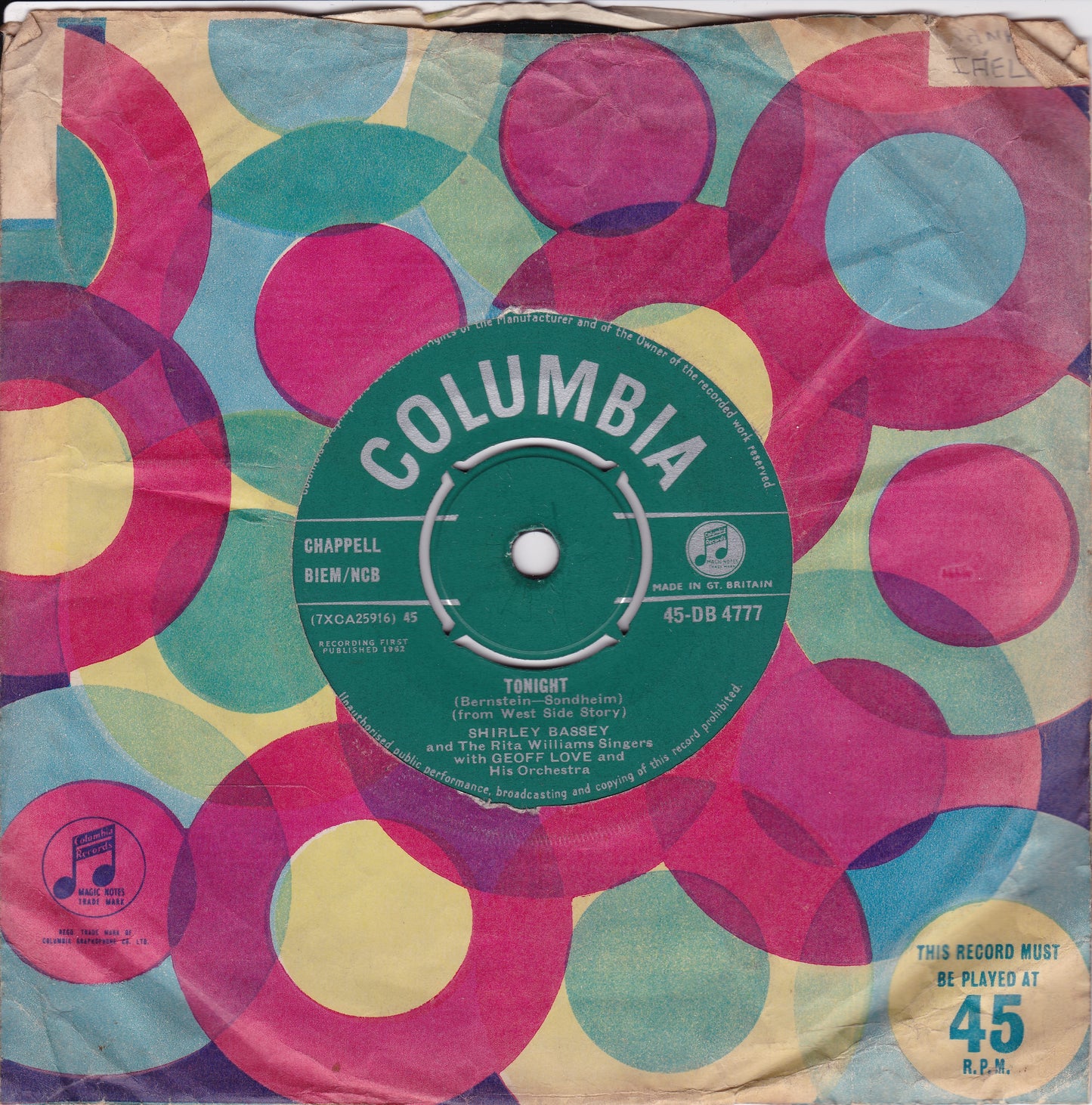 Shirley Bassey - Tonight (Columbia 1962) 7" vinyl single VG/G+