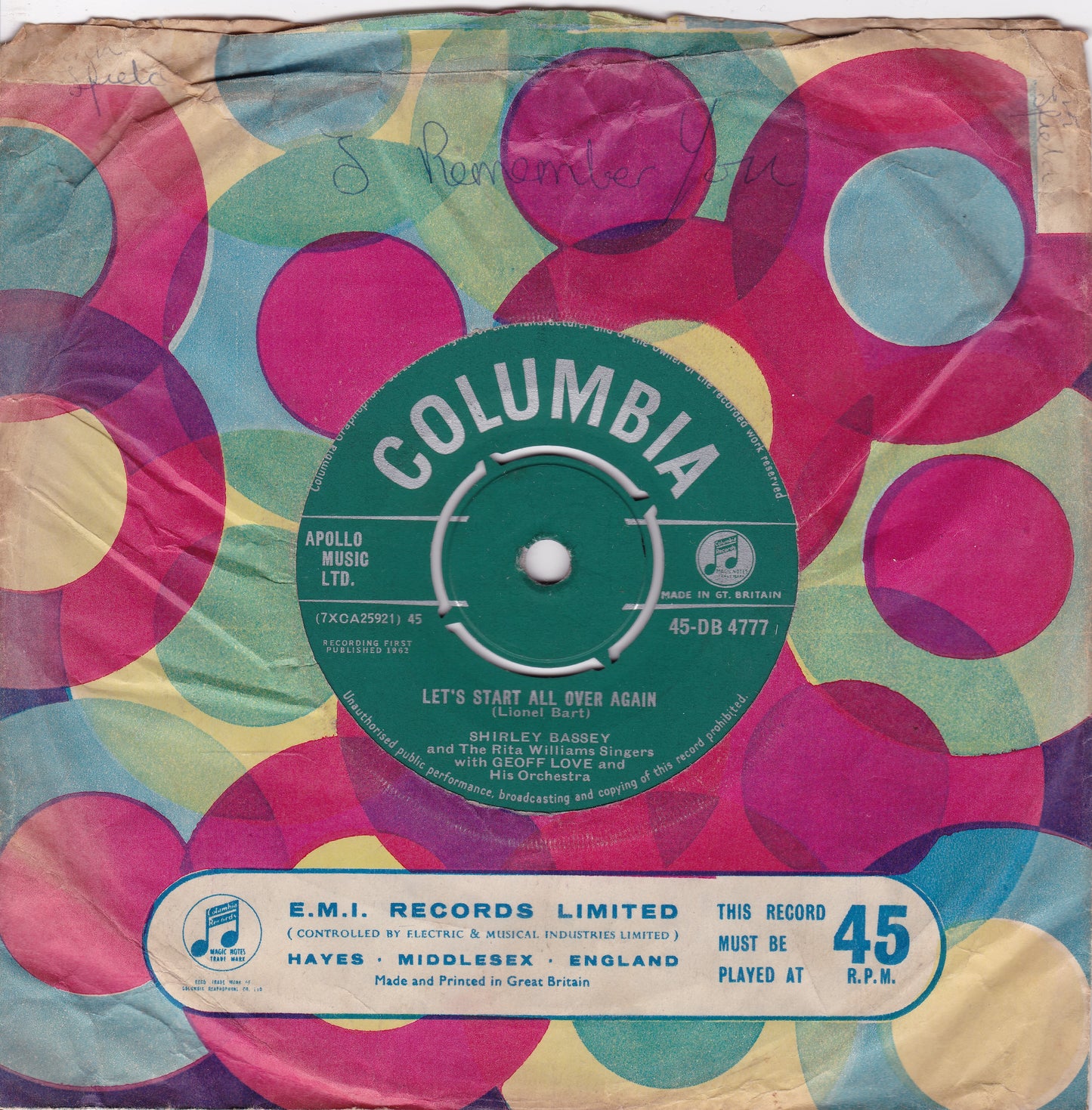 Shirley Bassey - Tonight (Columbia 1962) 7" vinyl single VG/G+