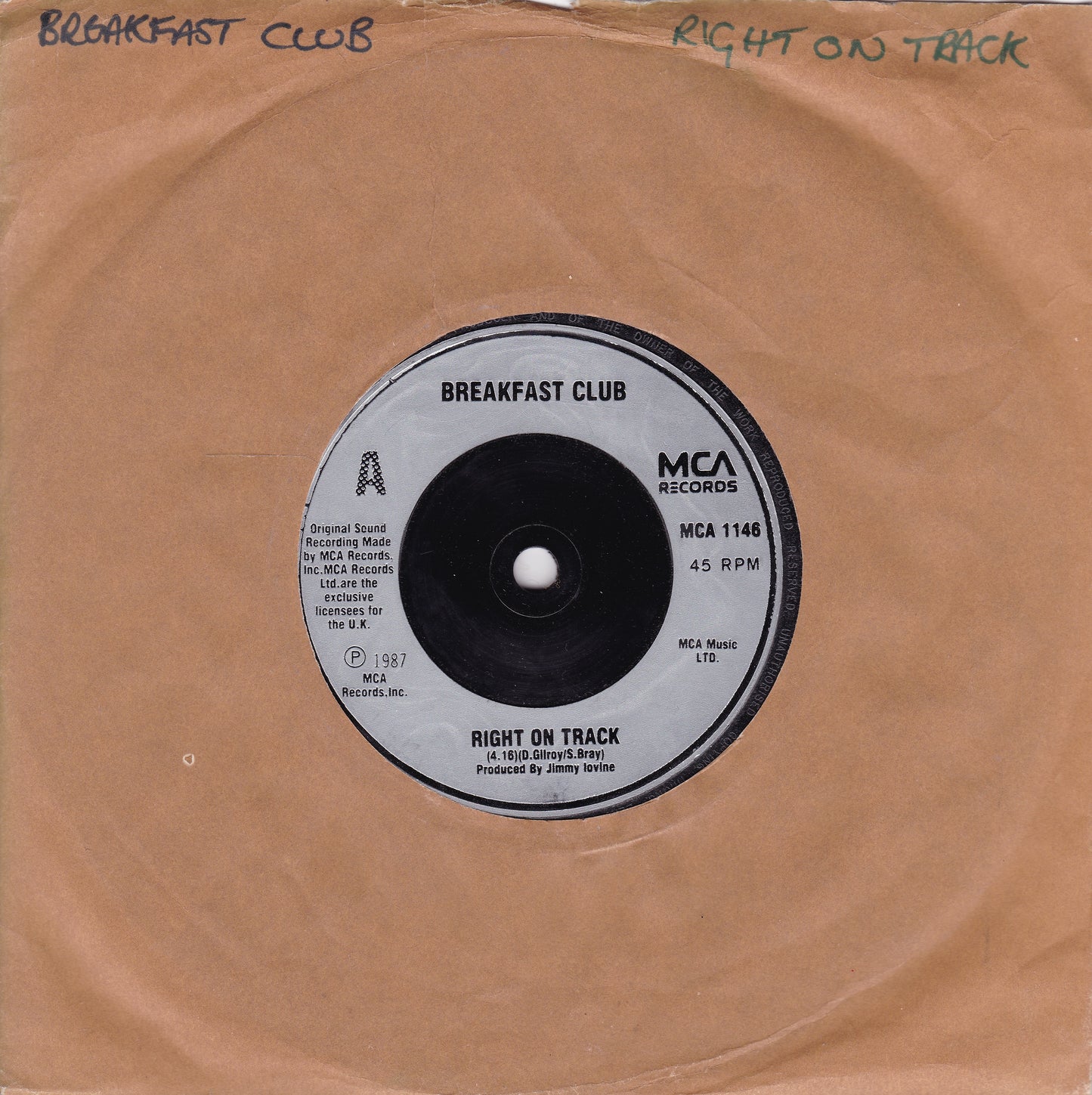 Breakfast Club - Right On Track (MCA 1987) 7" vinyl single G+/-