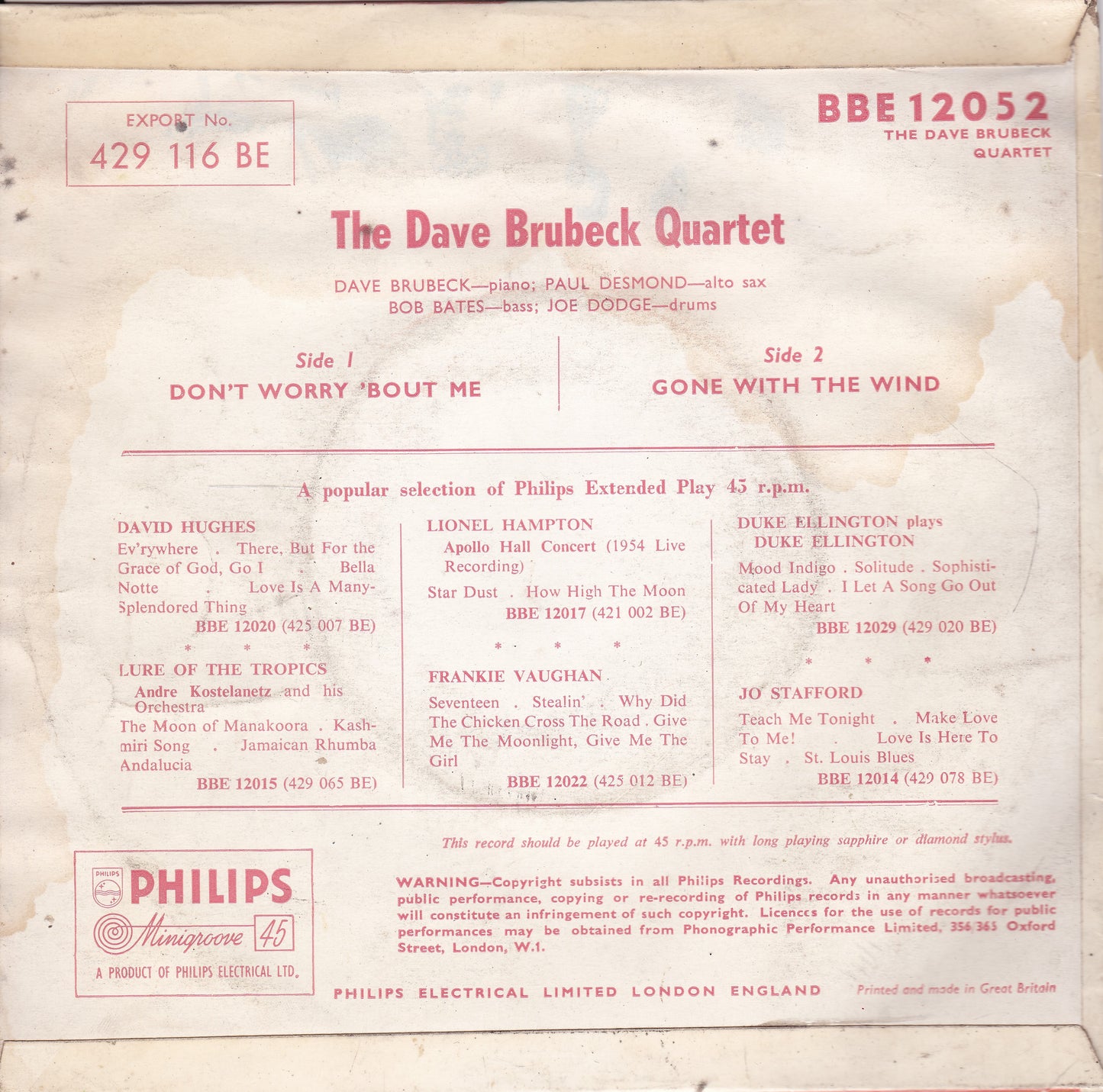 Dave Brubeck Quartet – Don't Worry 'Bout Me (Philips 1956) 7" vinyl P/S EP VG/G+