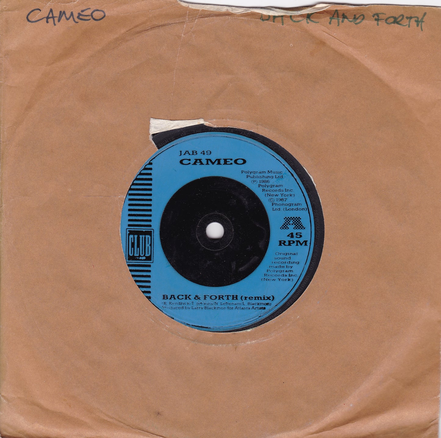 Cameo - Back & Forth (Club 1987) 7" vinyl single G+/-