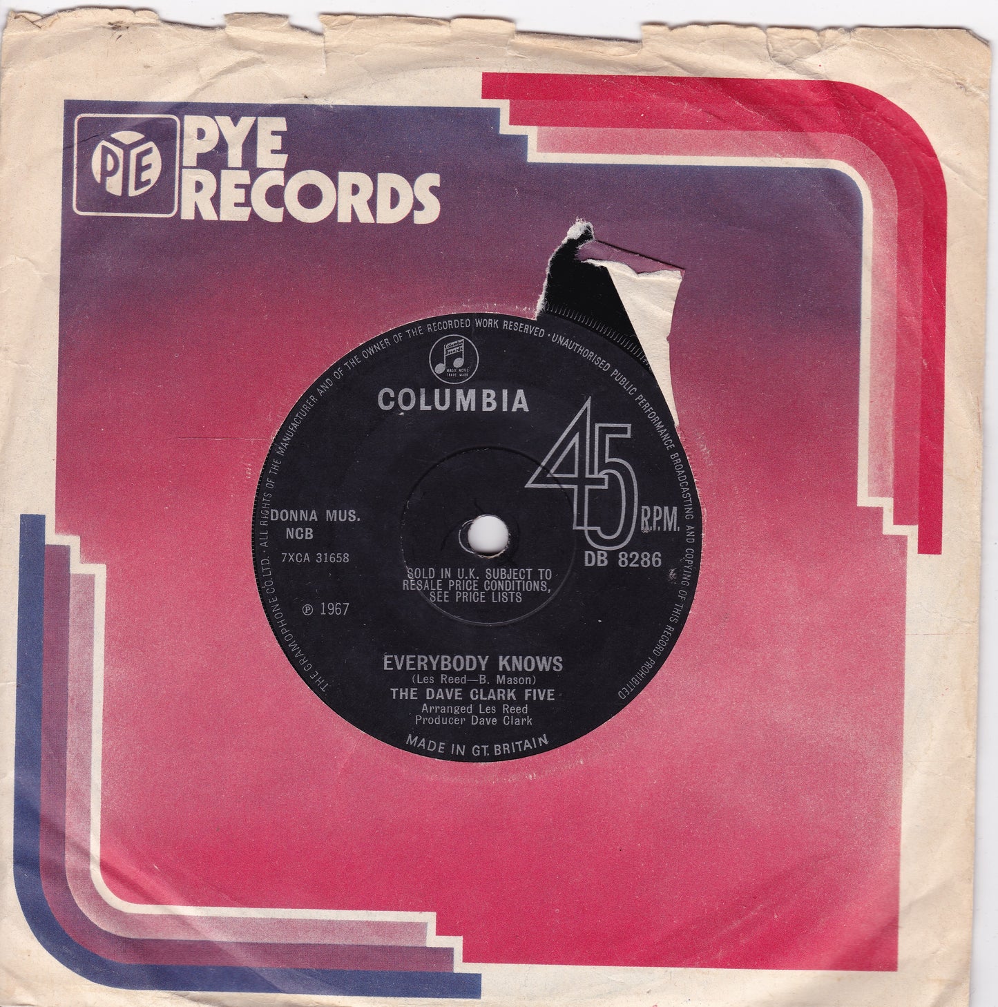 The Dave Clark Five ‎– Everybody Knows (Columbia 1967) 7" vinyl single G+/-