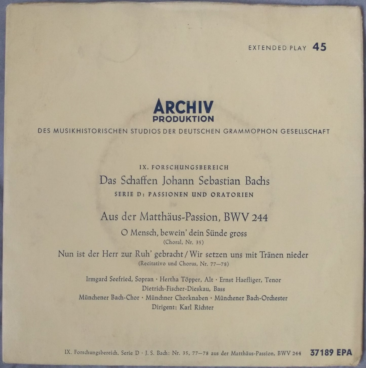 Bach ‎– Aus Der Matthäus-Passion, BWV 244 (Archiv 1959) 7" vinyl EP VG/VG German