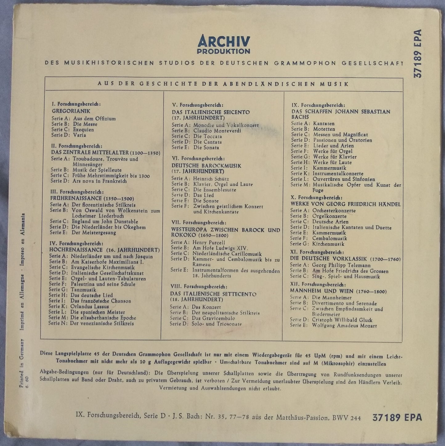 Bach ‎– Aus Der Matthäus-Passion, BWV 244 (Archiv 1959) 7" vinyl EP VG/VG German