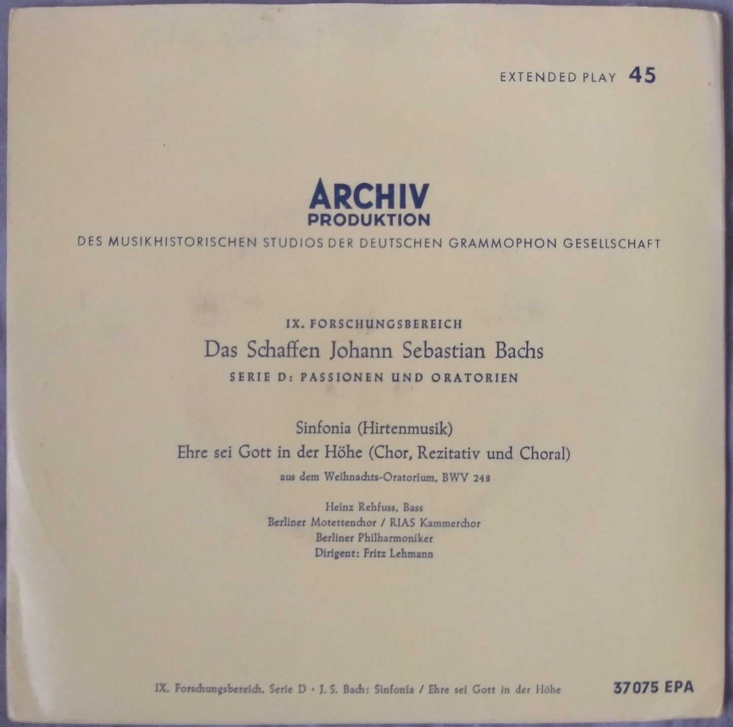 Bach ‎– Sinfonia, Ehre Sei Gott In Der Höhe (Archiv) 7" vinyl EP VG/VG German