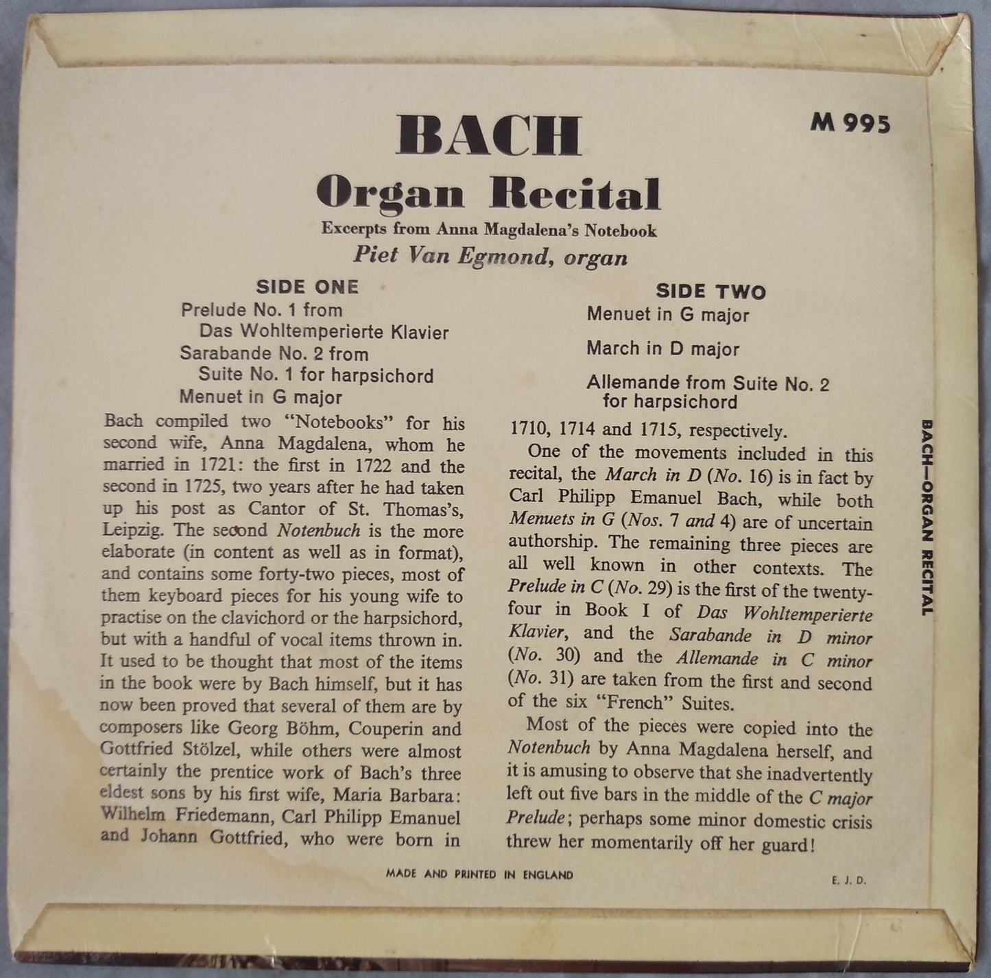 Bach/Van Egmond - Bach Organ Recital (Concert Hall 1964) 7" vinyl EP VG/VG