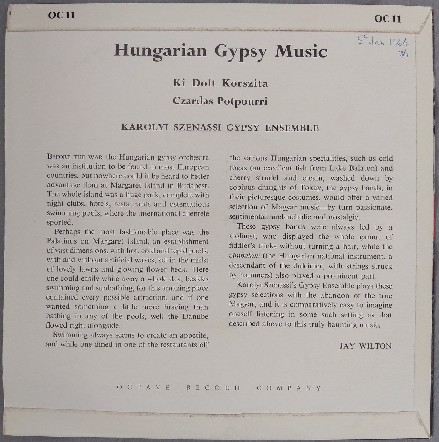 Karolyi Szenassi And His Gypsy Ensemble - Hungarian Gypsy Music 7" vinyl EP VG