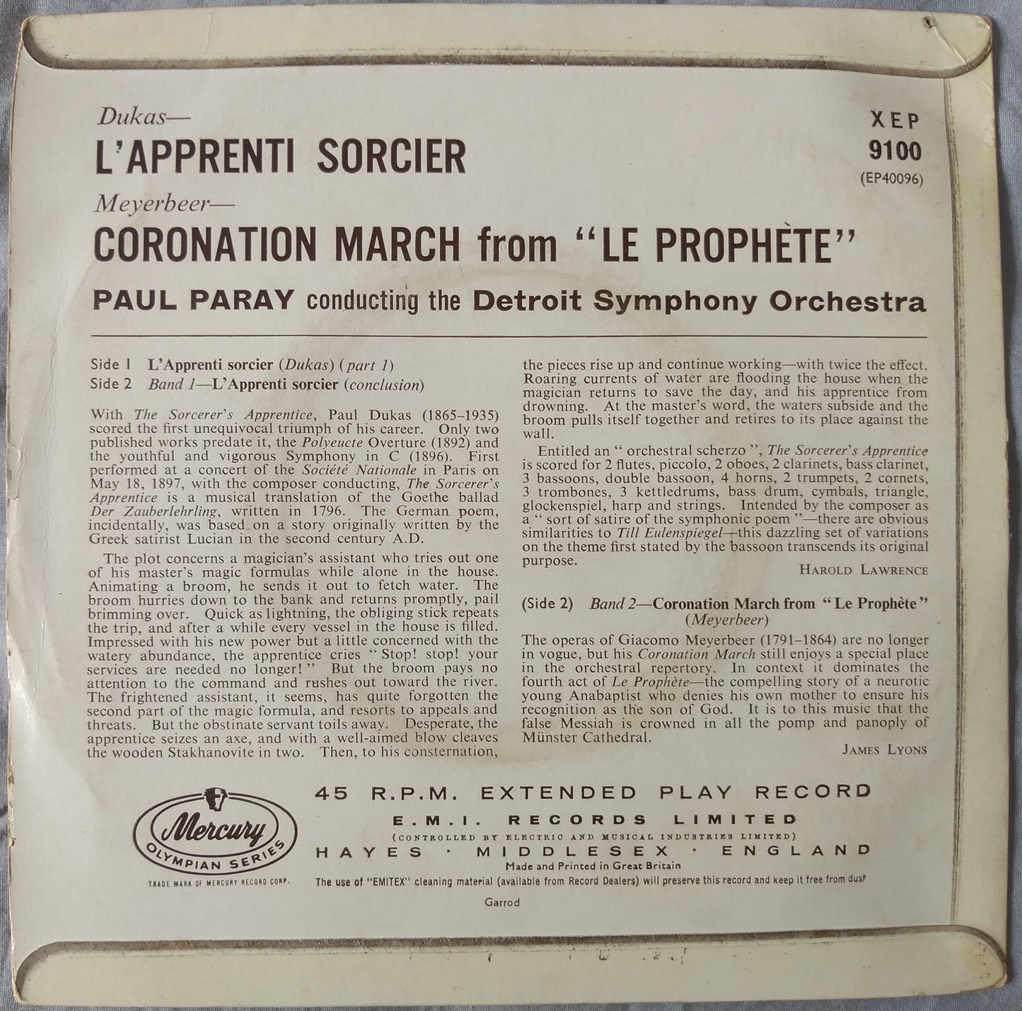 Dukas, Paray - L'apprenti Sorcier (Mercury) 7" vinyl EP VG/VG