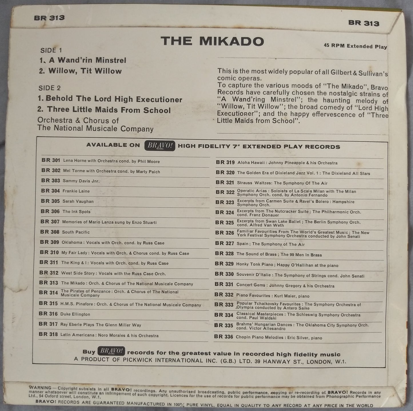 The National Musicale Company - The Mikado (Bravo 1964) 7" vinyl EP VG/VG