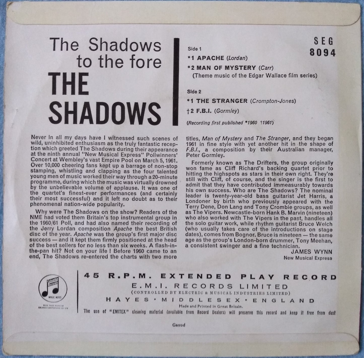 The Shadows - The Shadows To The Fore (Columbia 1961) 7" EP Vinyl VG/VG