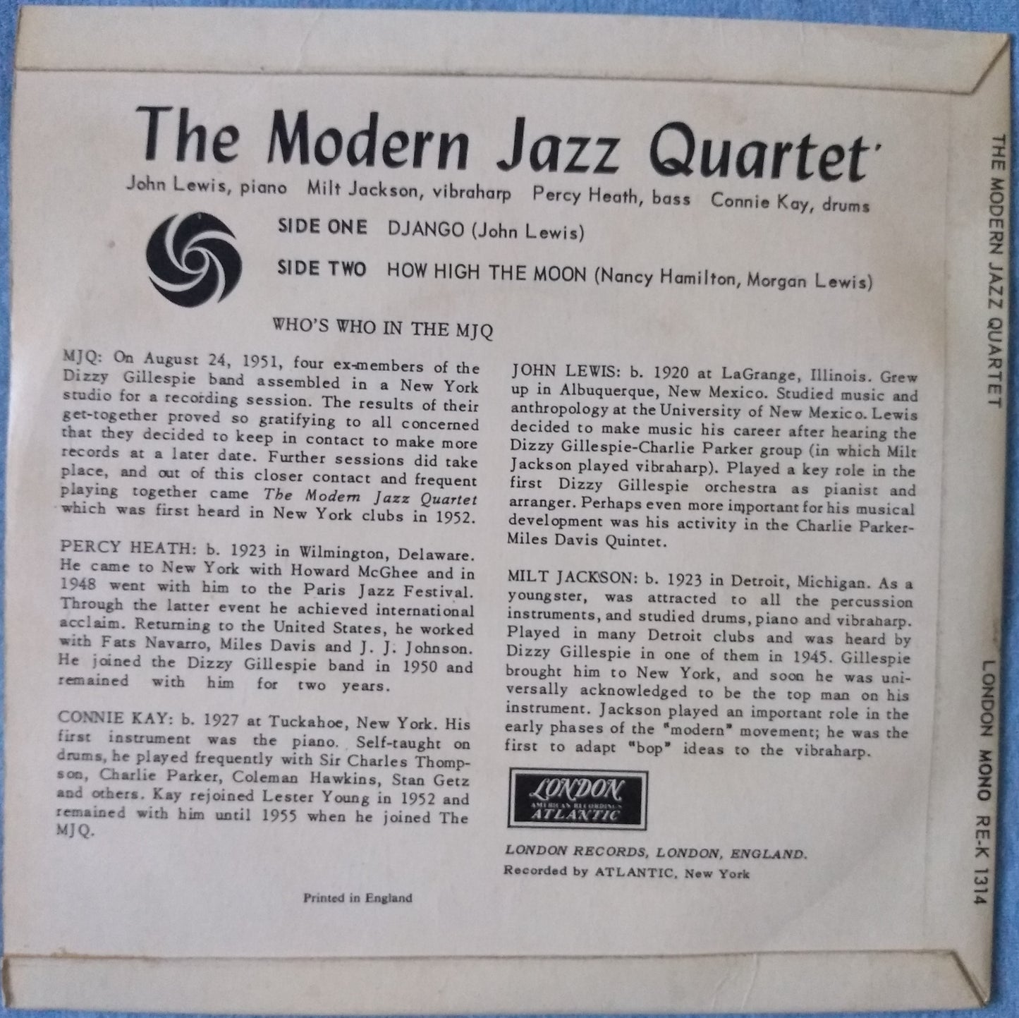 Modern Jazz Quartet - Django (London 1956) EP 7" vinyl EP VG/VG