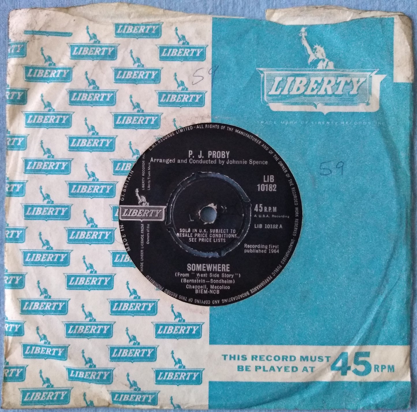 P.J. Proby – Somewhere (Liberty 1964) 7” vinyl single VG/VG