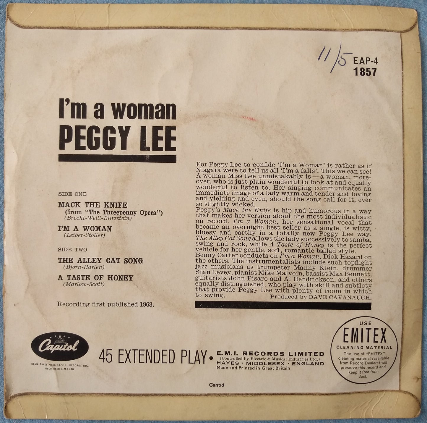 Peggy Lee – I'm A Woman (Capitol 1963) 7" vinyl EP VG/VG