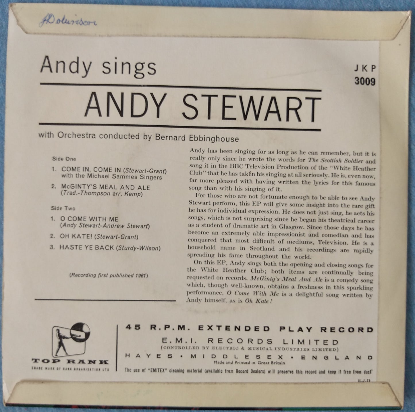 Andy Stewart - Andy Sings (Top Rank 1961) 7" vinyl EP VG/VG