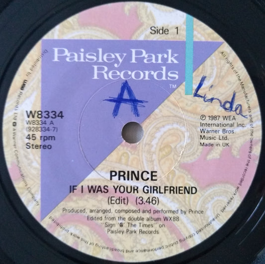 Prince - If I was Your Girlfriend (Paisley Park 1987) 7" vinyl single VG/-